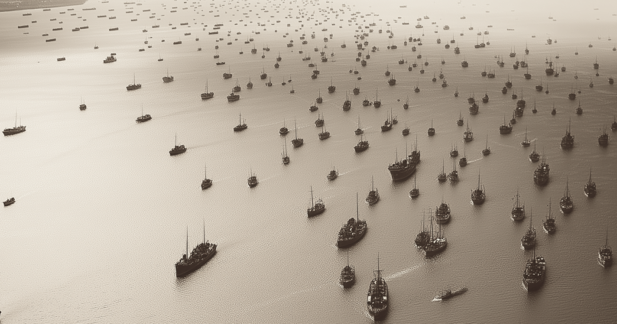 Small civilian boats evacuating Allied soldiers from the beaches of Dunkirk during Operation Dynamo